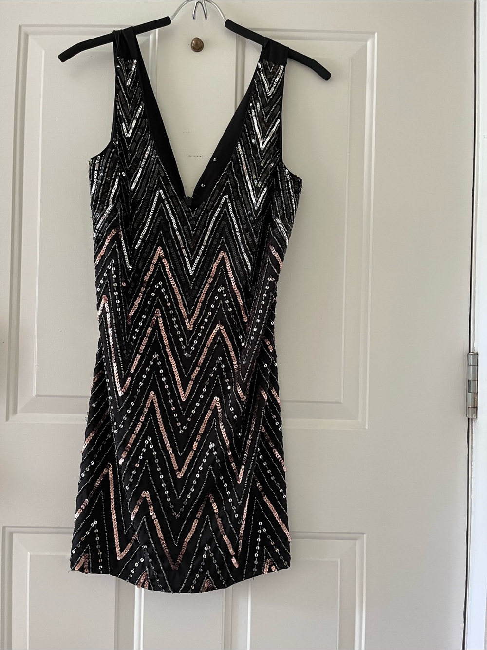 Black Sequin Chevron V-Neck Cocktail Dress